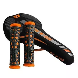 Kit Banco Selim Gts Bicicleta Mtb Speed Preto/Laranja + Manopla Bike Preto Laranja