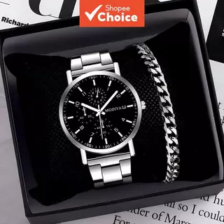 Conjunto de Relógio de Quartzo de Luxo Masculino e Pulseira - Presente Elegante de Aço Inoxidável para Ele - Perfeito Conjunto de Relógio de Quartzo de Luxo Masculino e Pulseira - Presente Elegante de Aço Inoxidável para Ele - Perfeito