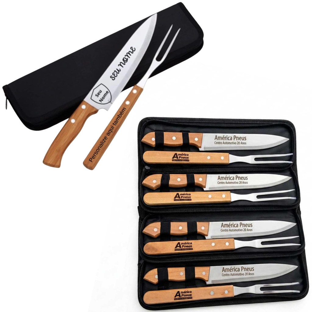 Kit Brinde Churrasco Personalizado 5 a 20 Und Casamento Faca e Garfo com Estojo Gravação a Laser Presente Empresas