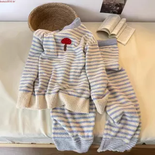 Pijamas Infantis 2024 Outono/Inverno Nova Menina Bebê Listrado Meia Lã Quente Conjunto De Roupas Para Casa Engrossado em Oferta na Shopee