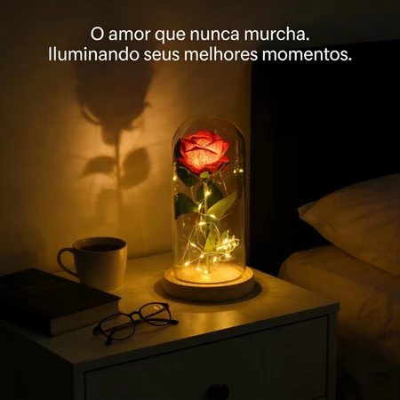Rosa Girassol Encantada com Luz LED Flor Eterna Decorativa em Cúpula de Acrílico