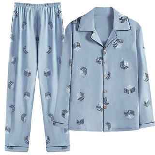 Pijamas de algodão de poliéster masculino primavera outono manga comprida algodão Plus Size cara gordo juventude Homewea em Oferta na Shopee