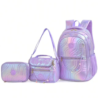 Kit 3 Peças Mochila Feminina Reforçada Impermeável Holográfico Escolar Com Lancheira Estojo Tippi em Oferta na Shopee