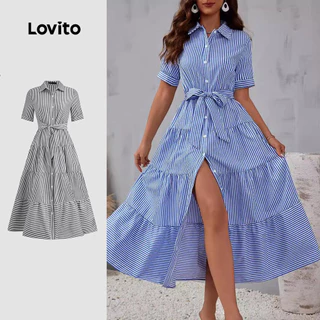 Lovito Vestido Casual Listrado Com Botão Frontal E Cinto Para Mulheres LNL79306 em Oferta na Shopee