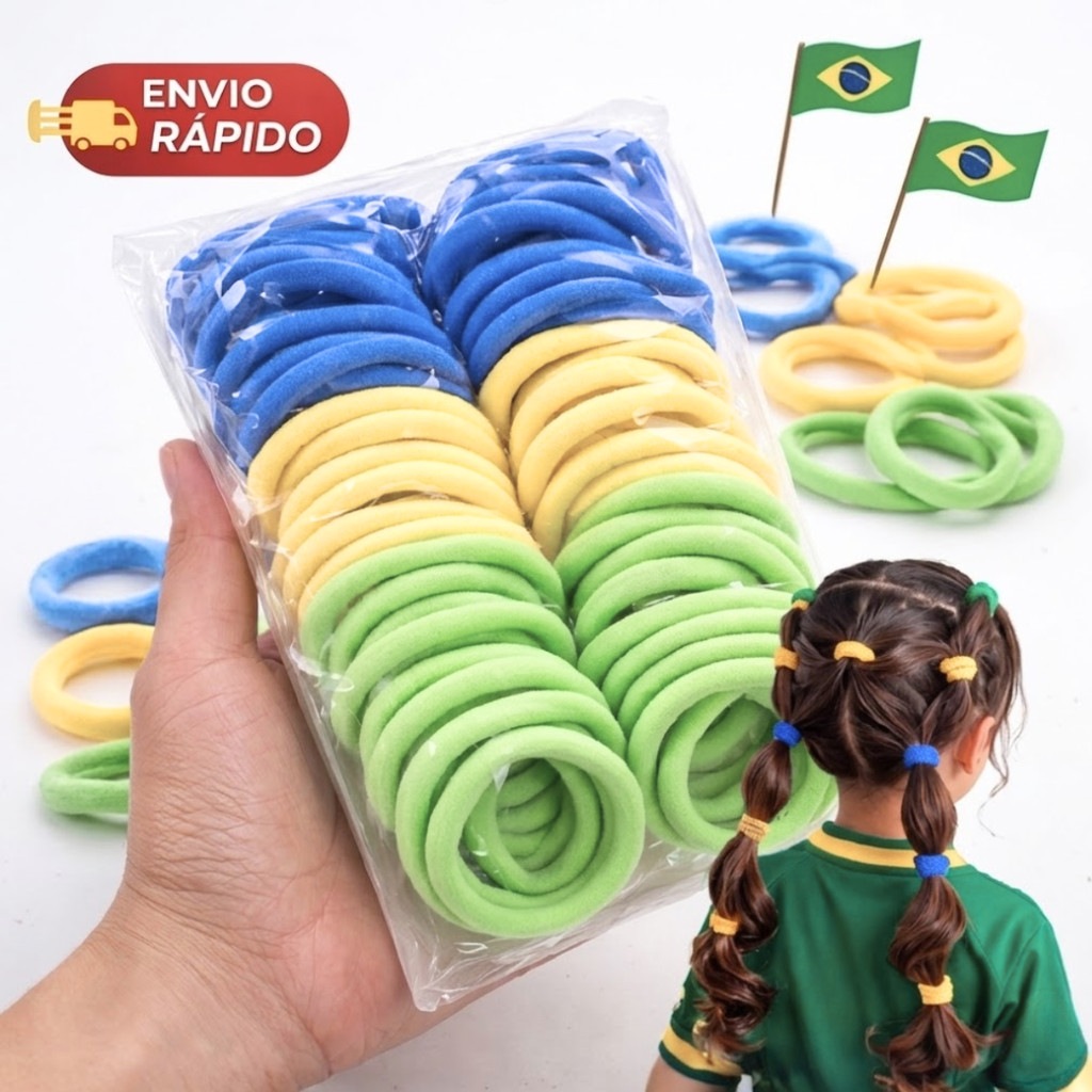 Kit Xuxinha Elástico de Cabelo Brasil Verde Amarelo Forte Sem Metal 50 ou 100 Unidades Atacado em Oferta na Shopee