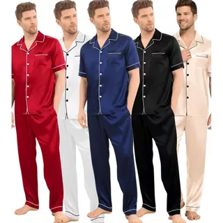 Pijama Americano Masculino Cetim de Seda Antoni Meia Estação Calça e Manga Curta com bolso e botões em Oferta na Shopee