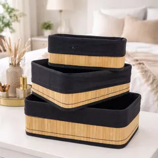 Kit Cestos De Bambu Organizadores C/ Forro Preto P/M/G - Já Montado em Oferta na Shopee