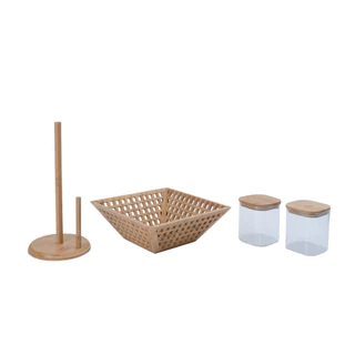 Kit com 2 Potes de Vidro com Tampa de Bambu 800ml, Fruteira Vazada de Bambu E Porta Papel Toalha de  Oikos em Oferta na Shopee