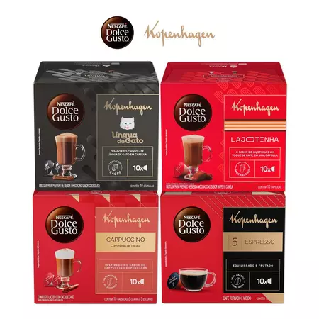 Quatro caixas de cápsulas Dolce Gusto sabores Kopenhagen dispostas em quadrado