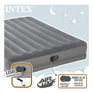 Colchão Inflável CASAL Intex Dura Beam Fiber Tech Cinza com Bomba USB embutida #64114