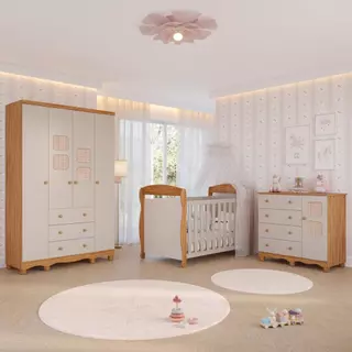 Quarto Bebê Completo Berço Americano Marquesa Guarda Roupas 4 Portas Cômoda 1 Porta Telinha Off White 100%MDF em Oferta na Shopee