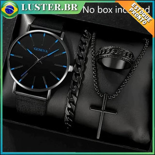 Conjunto Masculino 4 Peças: Relógio + Anel + Colar de Cruz + Pulseira Preta , Bijuterias Urbano Moda
