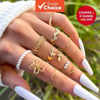 Conjunto de 10 Anéis de Flores Ocados Fashion, Anéis Minimalistas com Pérola e Folha para Mulheres em Oferta na Shopee