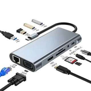 Hub Adaptador USB-C 11 em 1 com HDMI, VGA, LAN, USB 3.0, Leitor de Cartões e Áudio – Tipo-C Multifuncional anjgg