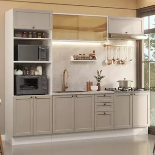 Armário de Cozinha Completa 270 cm Branco/Crema Vik Madesa 02 em Oferta na Shopee