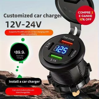 Carregador de Carro Super Rápido - 2 USB + 2 PD, Display Digital para Carros, Navios e Motos 12-24V Carregador de Carro Super Rápido - 2 USB + 2 PD, Display Digital para Carros, Navios e Motos 12-24V