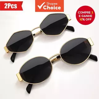Feminino 2 Pares Y2K Estilo Retrô Diamante Decoração Oval Metal Moda Óculos em Oferta na Shopee