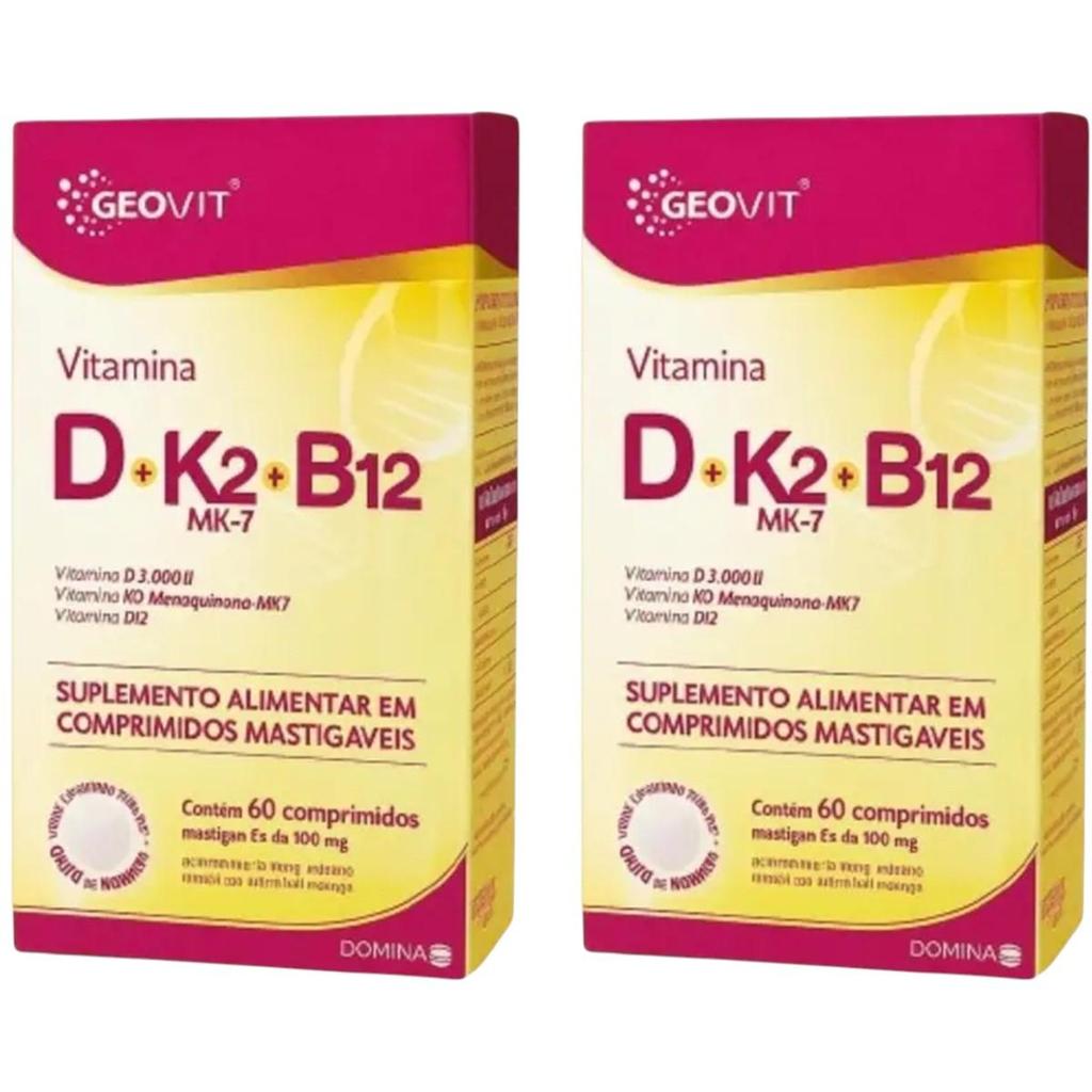 Kit Vitamina D+k2 MK-7+B12 Sabor Morango Geovit Com 2 Caixas De 60 ...