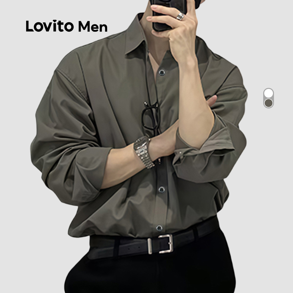 Lovito Men Camisa Casual de Botão para Todas As Estações Cinza