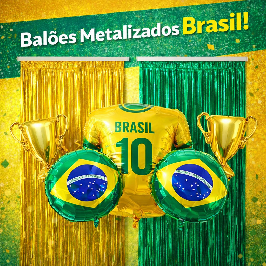 Kit Copa do Mundo – 2 Cortinas Metalizada Verde e Dourada + 2 Balões Bola Futebol + 2 troféus + 1 Balão Camisa Brasil em Oferta na Shopee