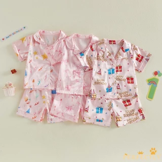Conjunto De Pijama De Aniversário De Menina Perfeitamente Infantil , 2 Peças , Estampa De Laço , Manga Curta , Gola Vira em Oferta na Shopee