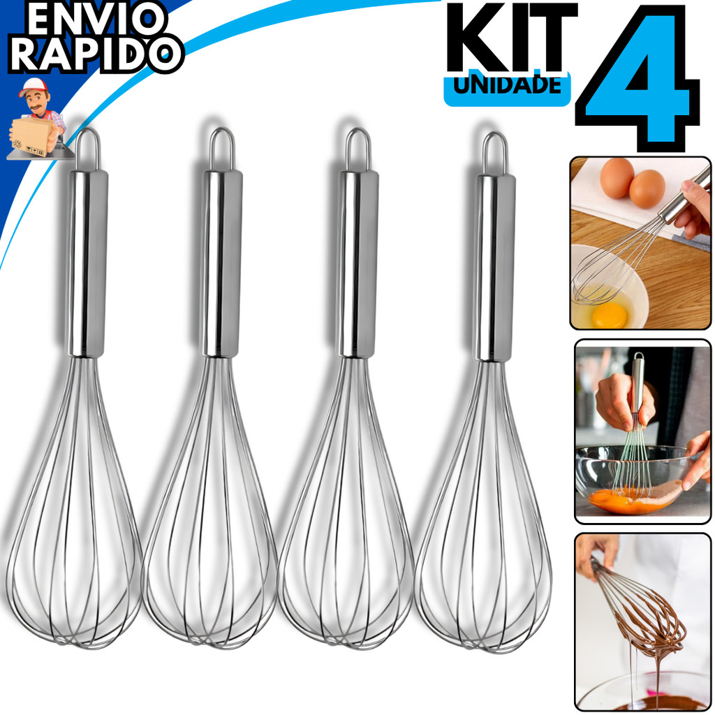 Kit 04 Fouet Inox Batedor de Ovos Clara 30Cm Bolo Massas Ute