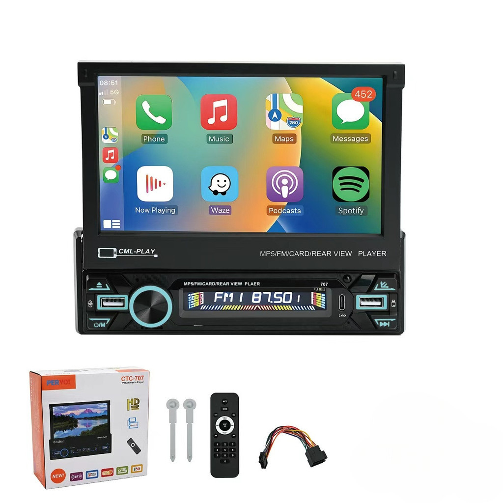 Central Multimídia 1 DIN 7” Retrátil Bluetooth GPS USB Câmera de Ré MP5 CarPlay jehnny