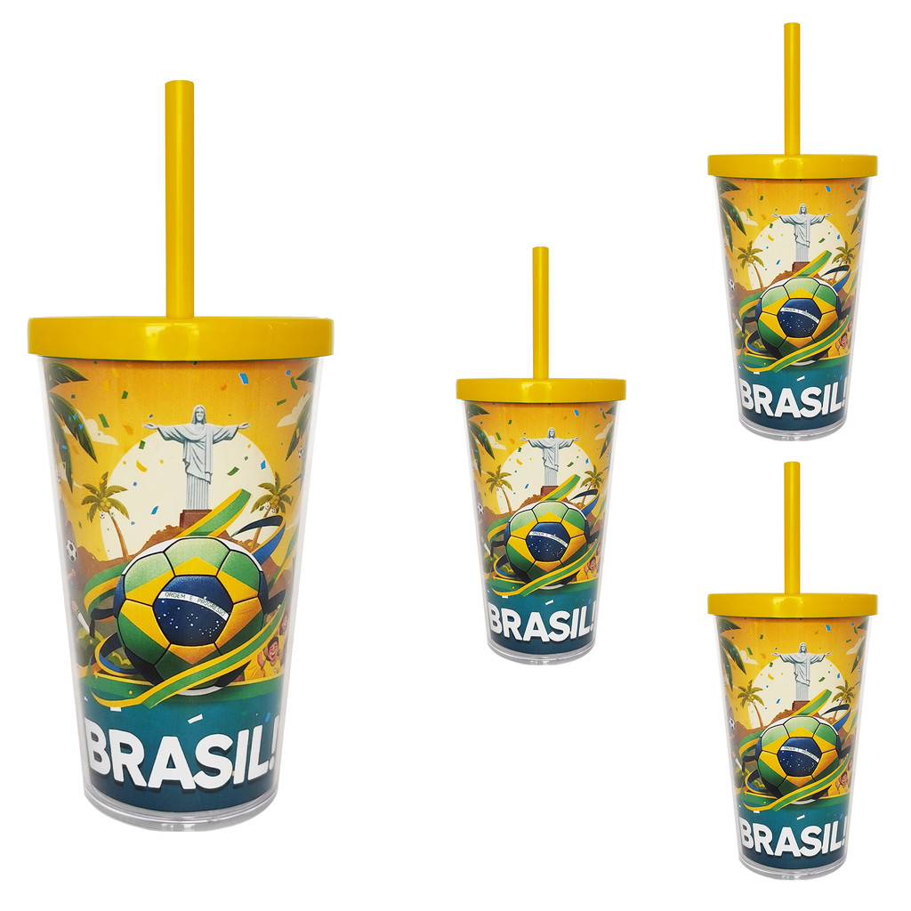 Copo 500ml Festa BRASIL Parede Dupla Kit 4 pçs JOGO Acrilico PREMIUM COPA do Mun