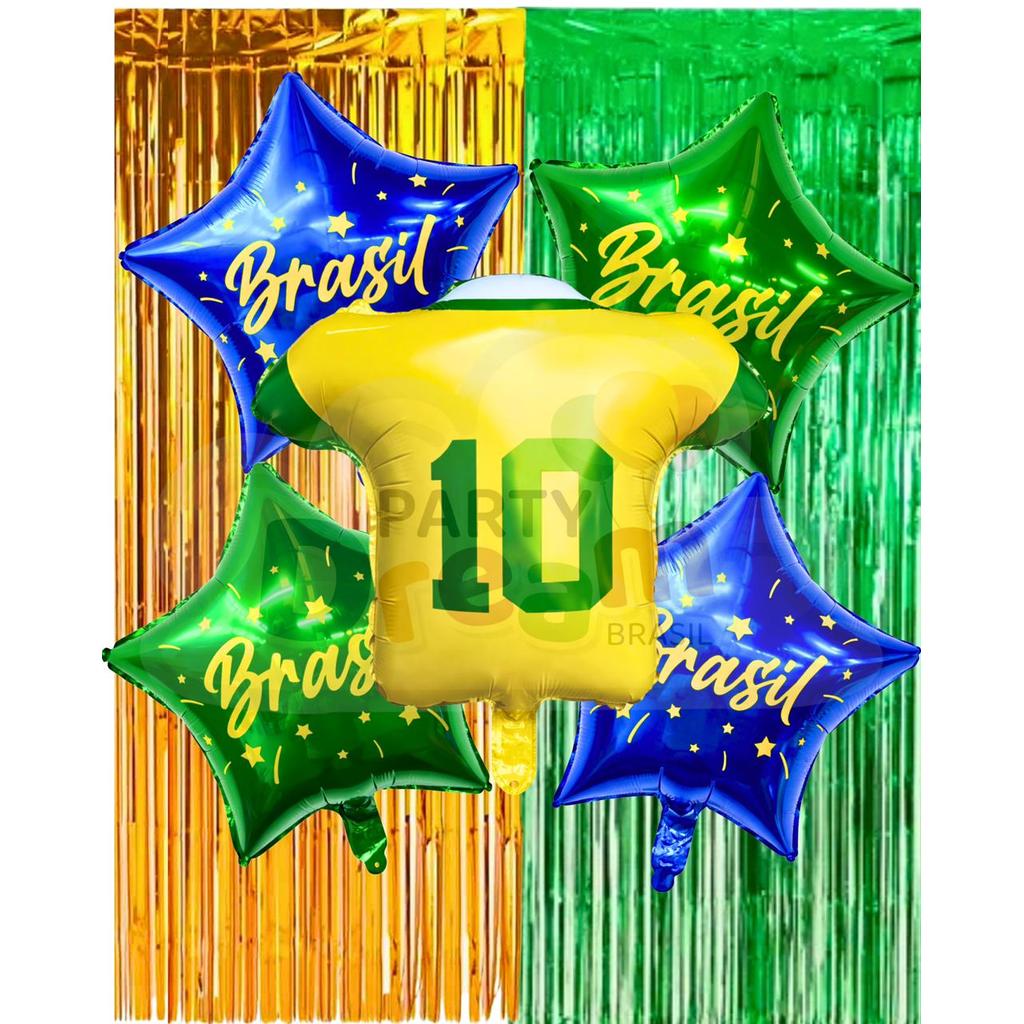 5 Balão Copa do Mundo Camisa + Estrela + 2 Cortina Brasil Verde amarelo 58cm futebol enfeite decoracao em Oferta na Shopee