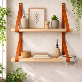 Kit 2 Prateleiras 40x15 cm de MDF Alças de Couro Fácil Instalação Multifuncional Jardim Decoração em Oferta na Shopee