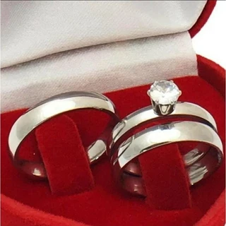 Kit 3 Anéis -Par de Alianças de Compromisso Anatômicas em Aço Inox Com Solitário – Feminina e Masculina - WL em Oferta na Shopee