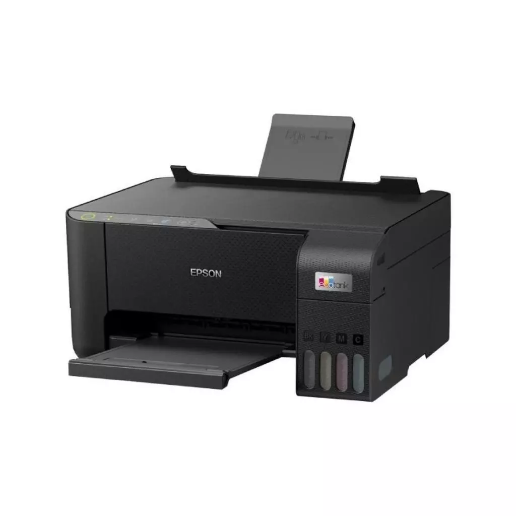 Impressora Epson L3250 preta com bandeja de papel aberta e suporte superior levantado