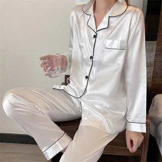 Pijama feminino Americano Cetim de Seda com Elastano Bolso e Botão Calça e Camisa Manga Longa em Oferta na Shopee