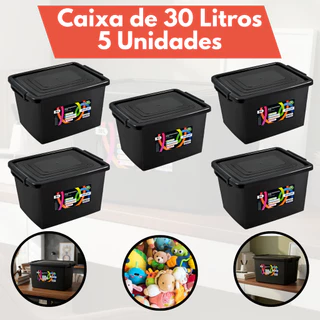 Kit Jogo 5 Caixas Organizadoras 30 Litros Com Tampa E Travas Preta Para Organização Armazenar em Oferta na Shopee