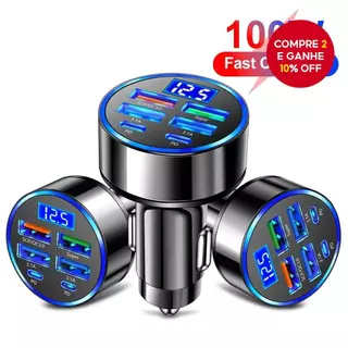 Carregador de carro com 6 portas, carregamento rápido PD QC3.0, adaptador USB C, compatível com iPhone. em Oferta na Shopee