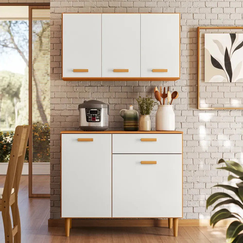 Armário Compacto Kit Cozinha Poliman Tampo 5 Portas 1 Gaveta Branco Cor Freijó Off Luxo Moderno