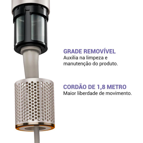 Detalhe da base do secador Philco destacando a grade removível para limpeza e o cabo de 1,8 metro
