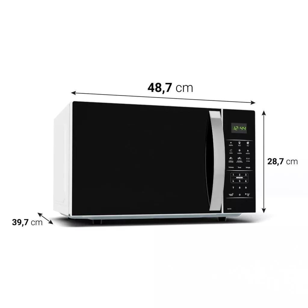 Micro-ondas Britânia 28L BMO30 em perspectiva com suas dimensões indicadas: 48,7 cm (largura), 28,7 cm (altura) e 39,7 cm (profundidade).