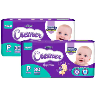 Kit 2 Fralda Cremer Magic Care Tamanho P Pacote Jumbo 30 Unidades Descartáveis em Oferta na Shopee