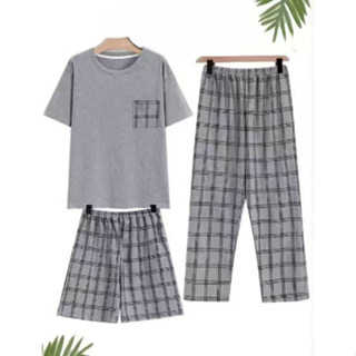 Pijama masculino de três peças de manga curta + Shorts + calças compridas Loungewear solto em Oferta na Shopee