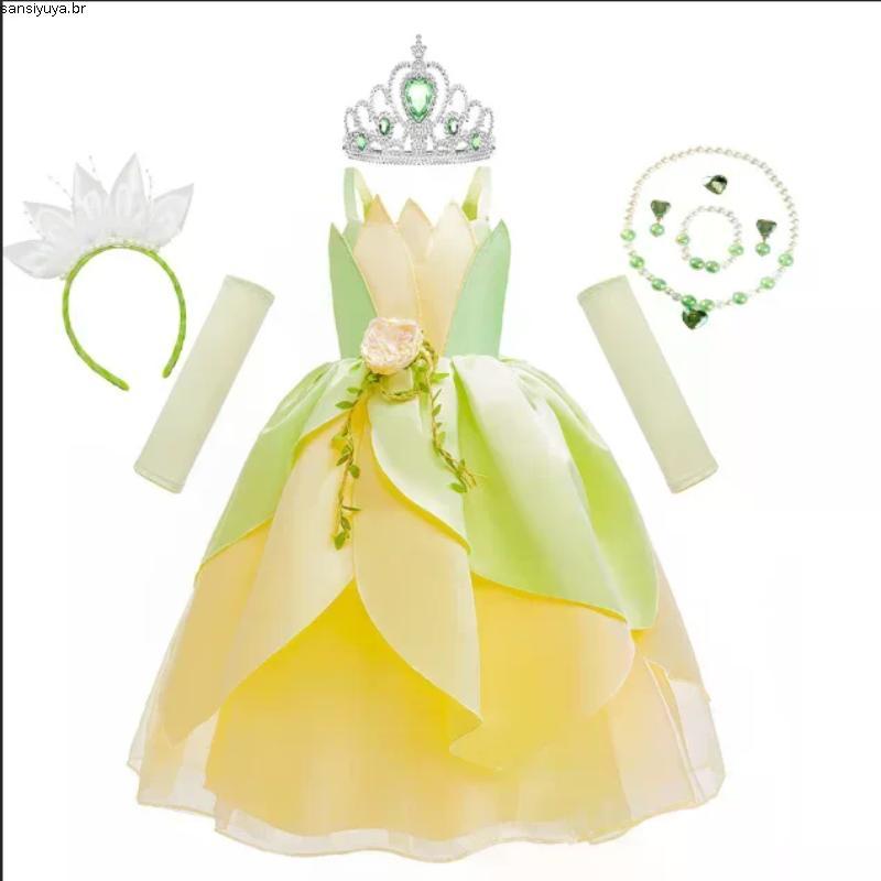 DYAA Princesa Tiana Vestido Meninas Rã Cosplay Festa De Halloween Elfos Fantasia I antil Verde De Bola De Ombro