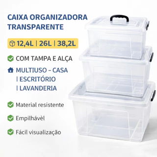 Organizador Plástico Multiuso com Tampa 12,4L 26L 38,2L Caixa Container para Lavanderia Quarto Escritório em Oferta na Shopee