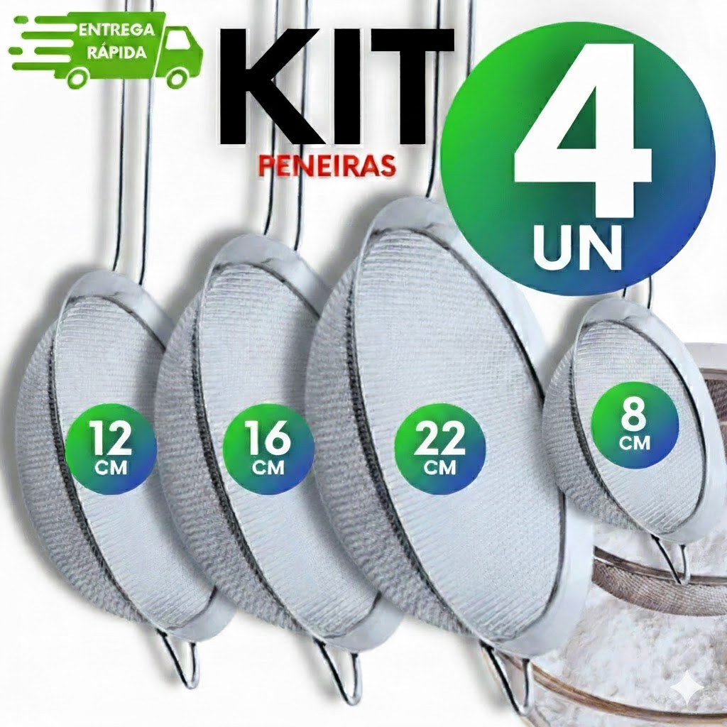 Kit 4 Peneiras Aço Inox 08/12/16/22cm Coador Farinha Suco Co