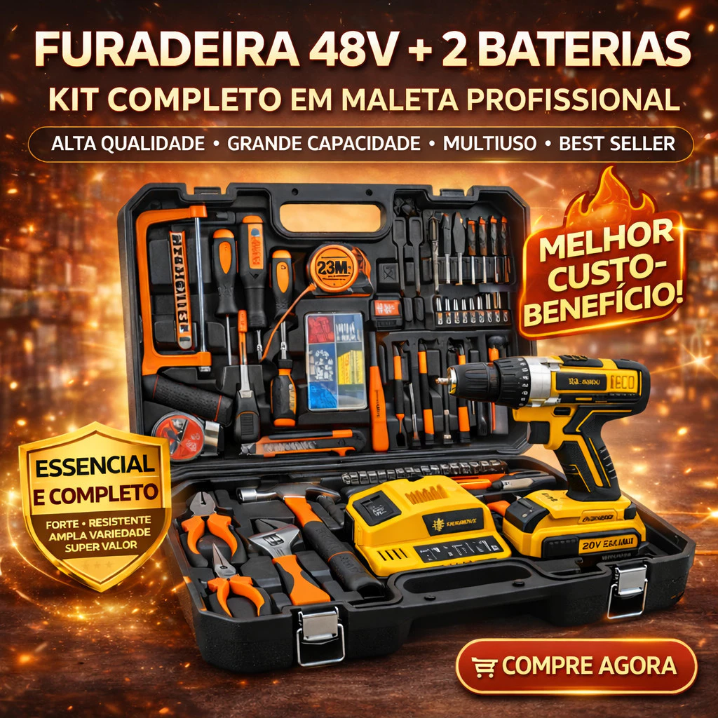 Parafusadeira Furadeira 48V Sem Fio Profissional com 1 ou 2 Baterias – Kit Completo Opcional com Maleta