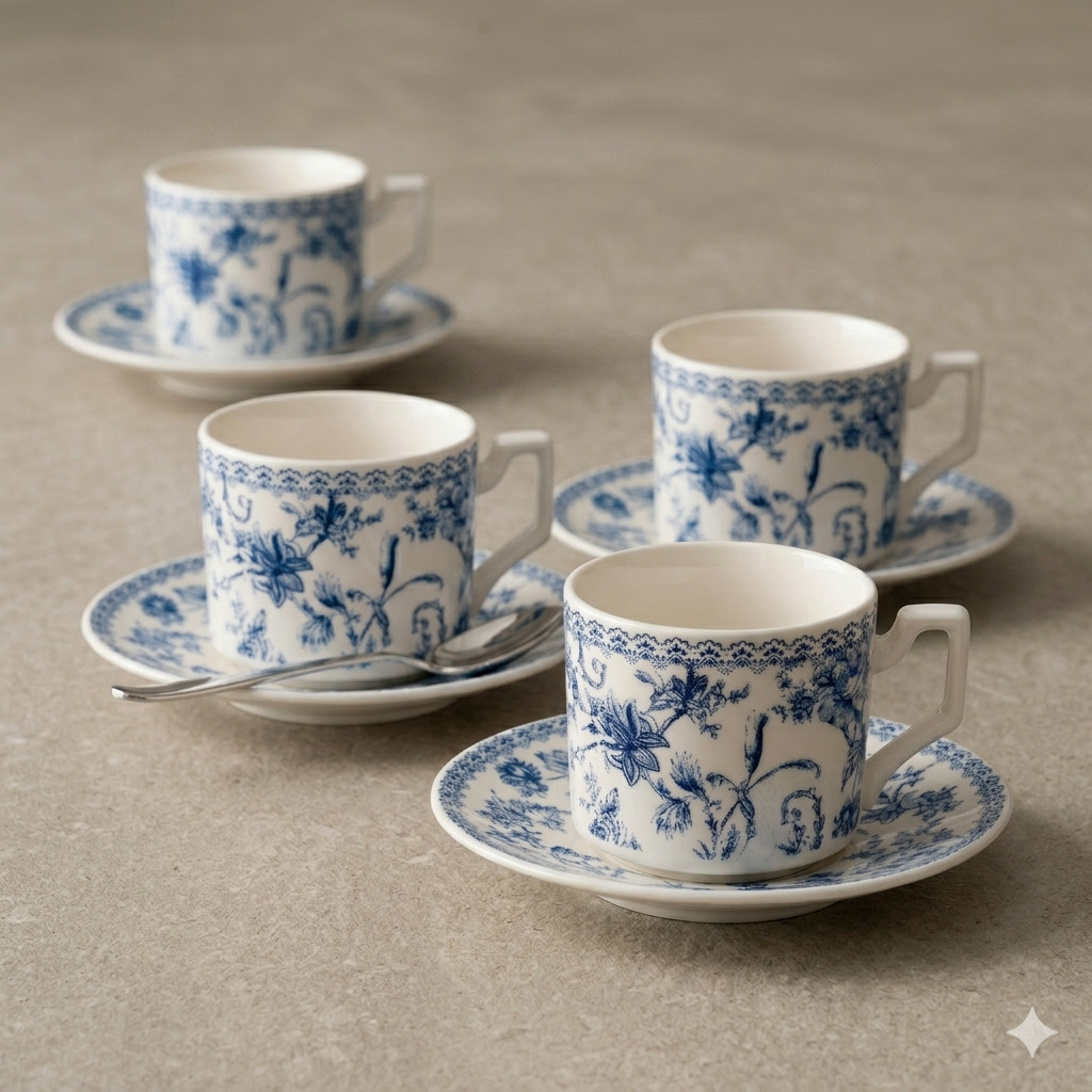 Jogo Café 4 Xícaras com Pires 90ml Hortênsia Porcelana New Bone