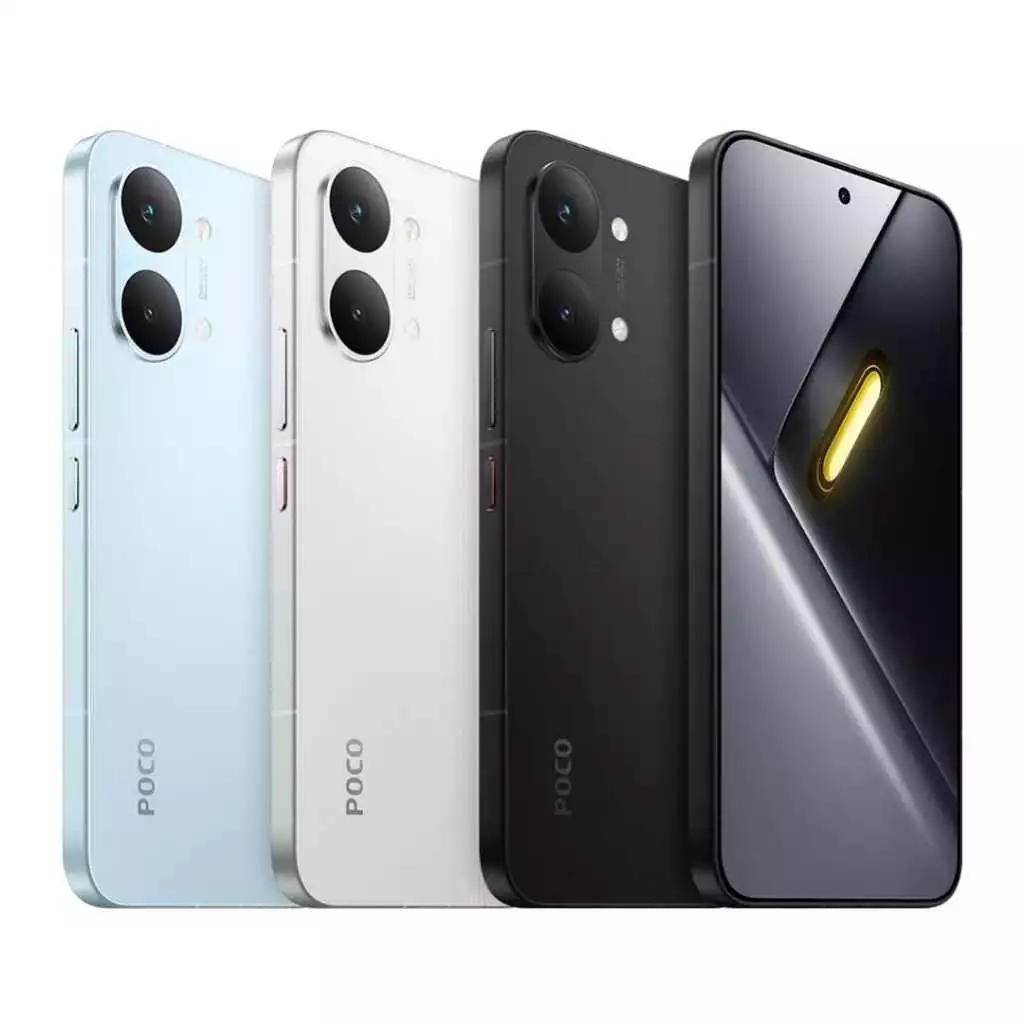 Quatro smartphones Xiaomi Poco X8 Pro em diferentes cores: azul claro, branco e dois pretos, exibindo a parte traseira e frontal.