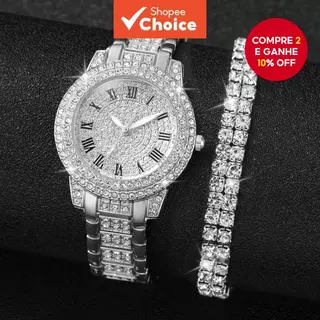 Conjunto Chique De 2 Peças : Relógio E Pulseira De Quartzo Feminino Embelezado Com Diamantes (Sem Caixa) – Versátil Para em Oferta na Shopee
