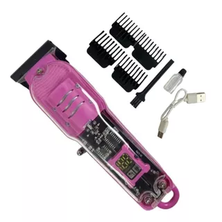 Maquina de Cortar Cabelo 4 Pentes LCD Display Profissional Rosa