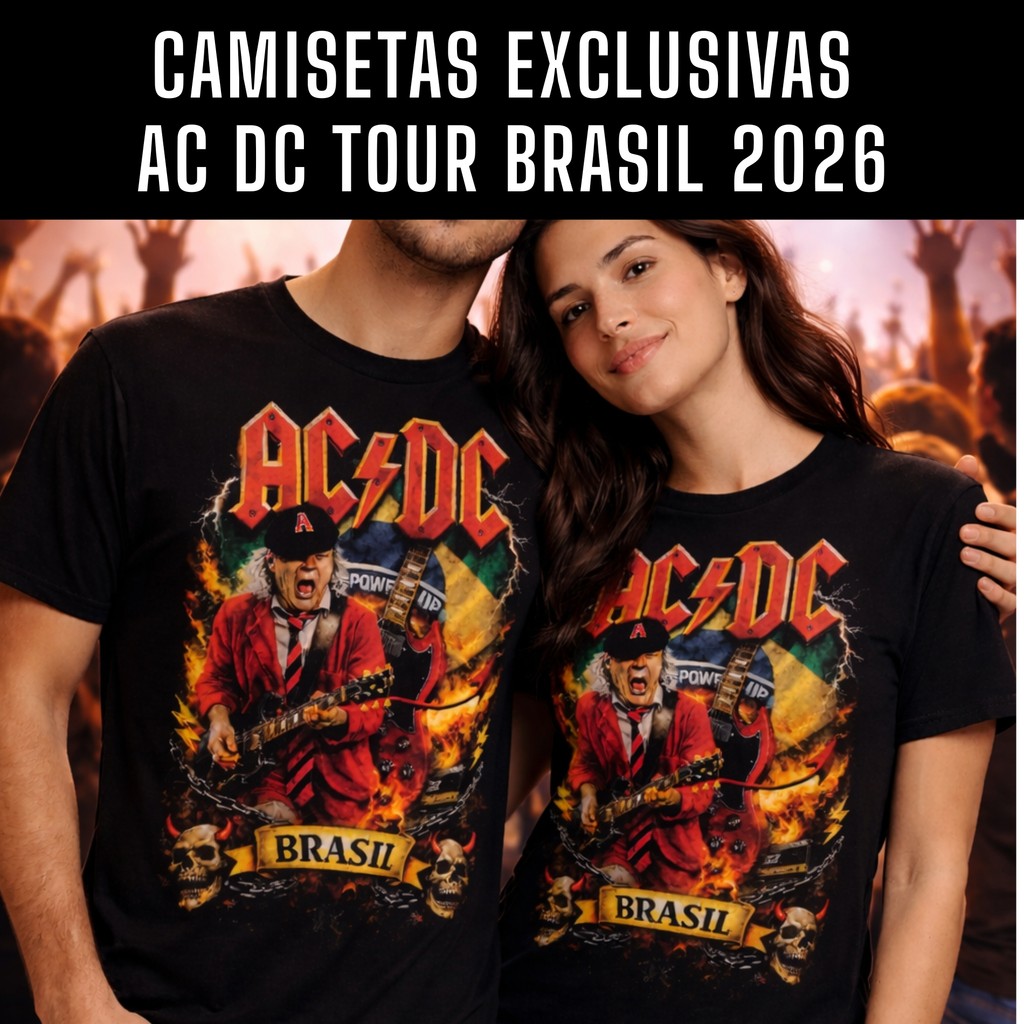 Camiseta Rock AC/DC Tour Brasil 2026 Unissex Preta 100% Algodão ...