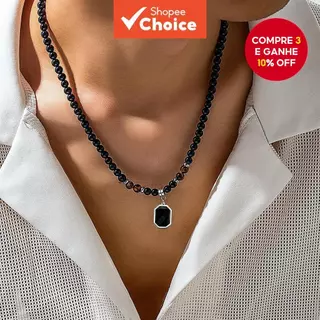 Colar De Corrente Com Contas Pretas Da Moda Pingente Quadrado , Acessório E Presente De Joias em Oferta na Shopee